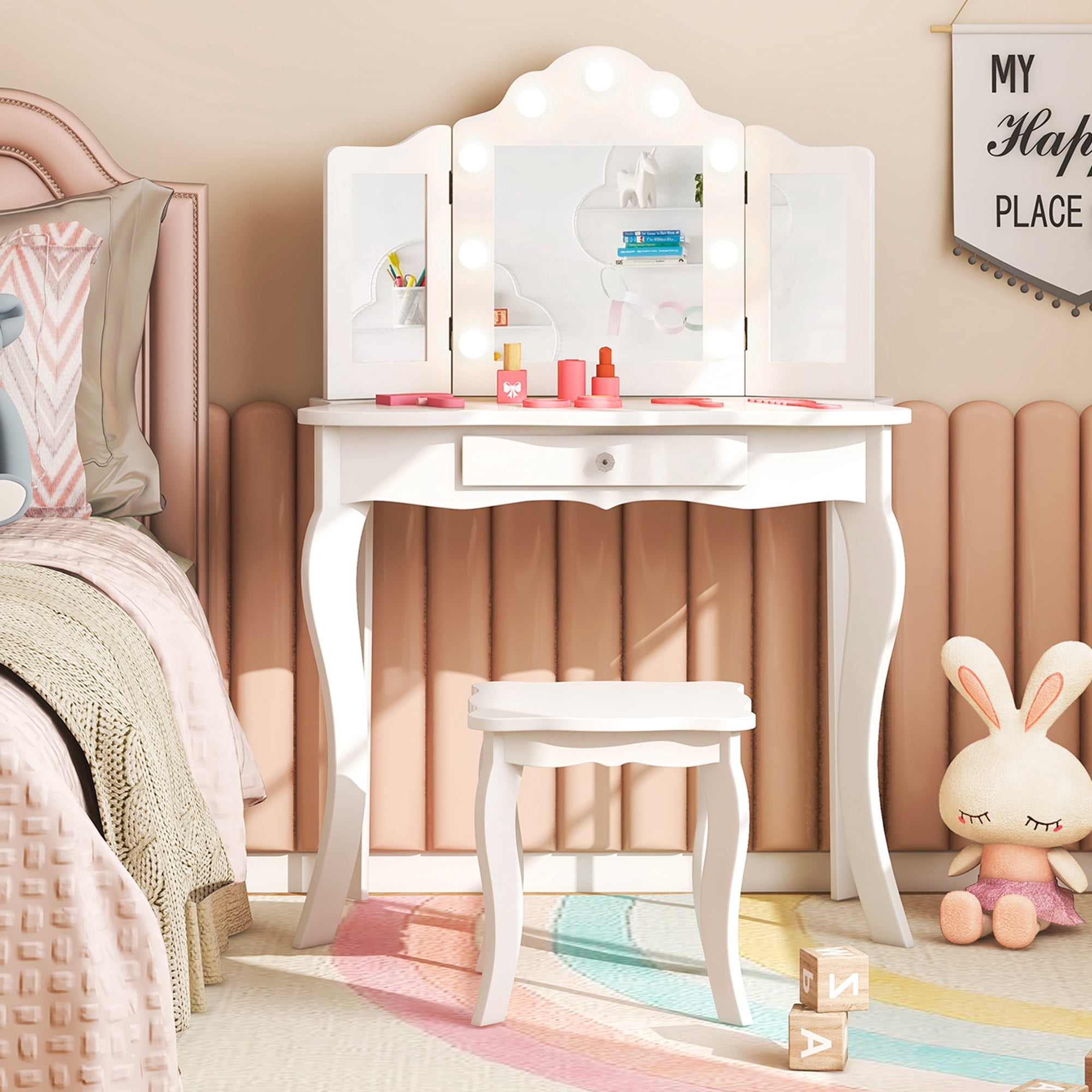 Costway Kid Vanity Table Stool Set Tri-Folding Mirror Adjustable 3-Color LED Light White