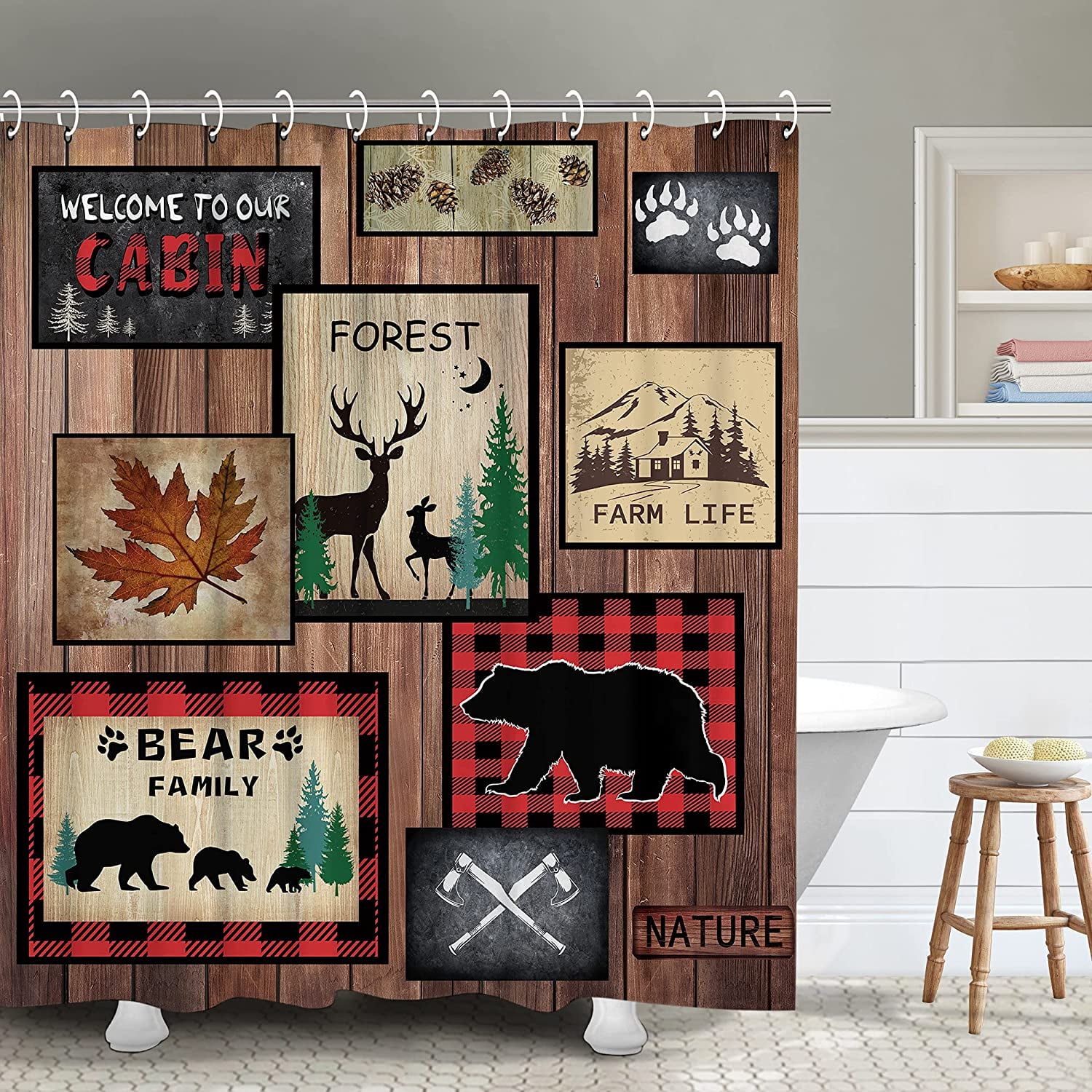 Retro Farmhouse Wildlife Animals Black Bear Moose Shower Curtain Bathroom Decor 
