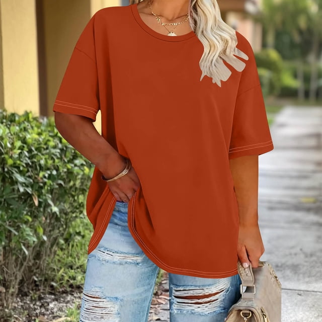 Ounisa Hauts pour Femmes Grande Taille Été Manches Courtes Côtelées Col Rond T-Shirts Basiques Mode