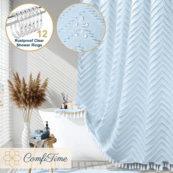 ComfiTime 13-Pc Tassel Shower Curtain with Hooks – Elegant Tufted Chevron Pattern, Soft Fabric Cloth, Boho Farmhouse Bathroom Curtain, Water-Repellent, Mold-Resistant, Machine-Washable, 72 x 72, Blue