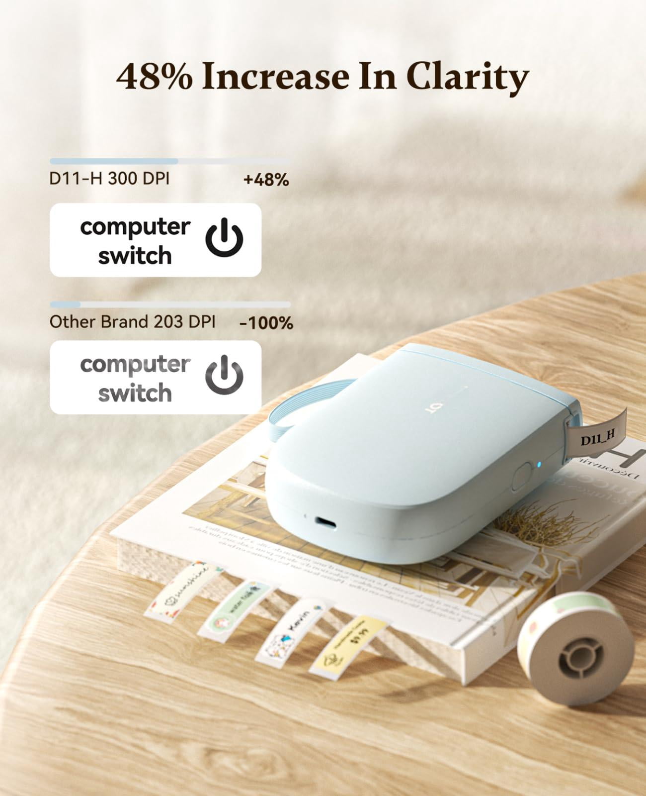 300 Dpi D11 Label Maker Machine With 1 Tape  Mini Portable Printer Thermal Sticker Labeler For Office Home Kitchen School Organization Blue