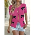 thumbnail image 4 of Women'S Bow-Knot Cardigan Sweaters Short Sleeve Loose Knit Tops Rose Red S, 4 of 9