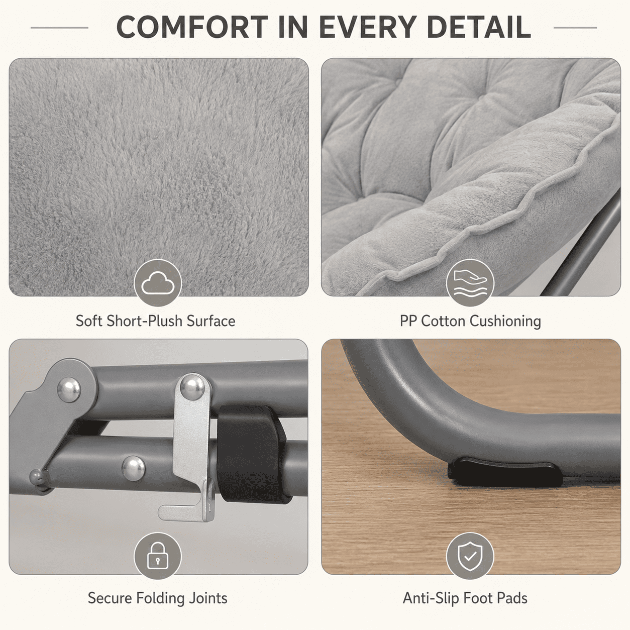 CLOUDREST PRO Soft Plush Folding Saucer Chair for Adults, Padded Round Lounge Seat, Metal Frame, 300 lb Capacity, Gray