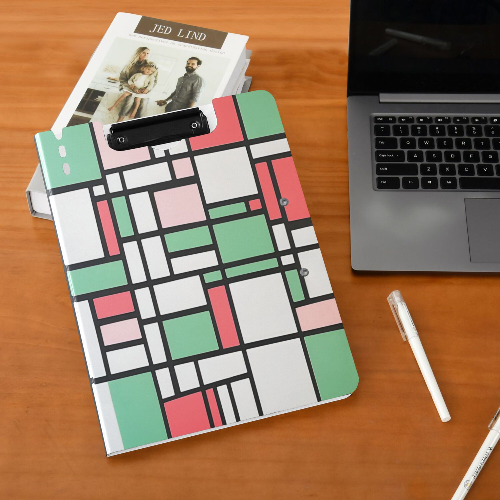 FORMRS A4 Clipboard Folder with Pen Holder Horizontal Foldable School Office Binder, Red Abstract Geometric
