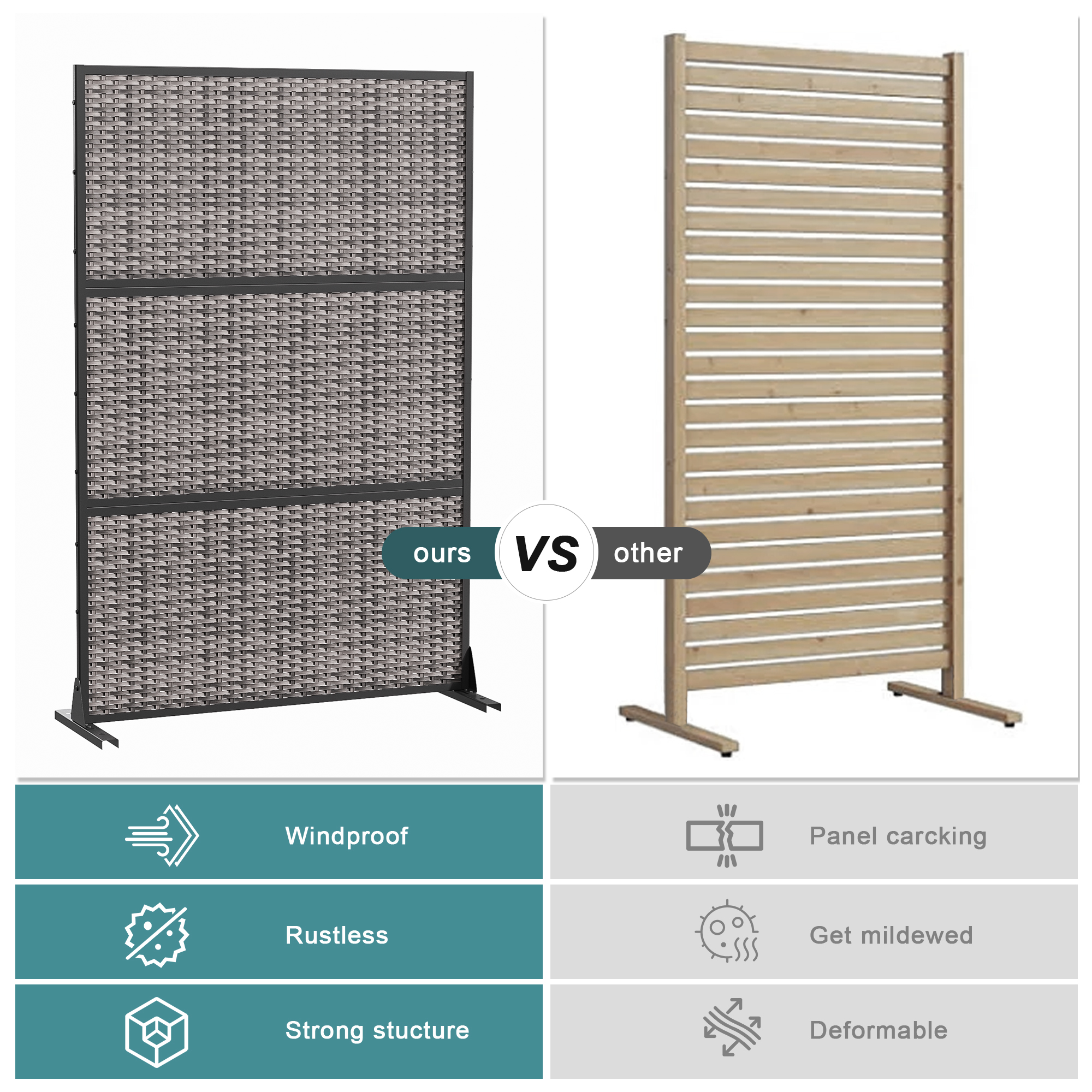 MAYEERTY 72×47" Outdoor Black Rattan Privacy Panel Screen for Backyard & Garden, Wicker Weave Pattern
