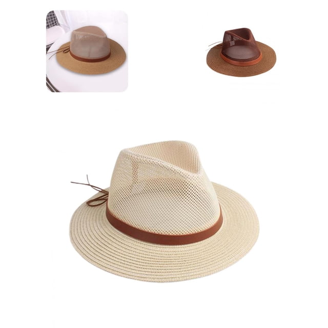 Strap Decor Adjustable Drawstring Hollow Out Cowboy Hat Man Breathable Holes Straw Sunshade Hat Adult Headwear