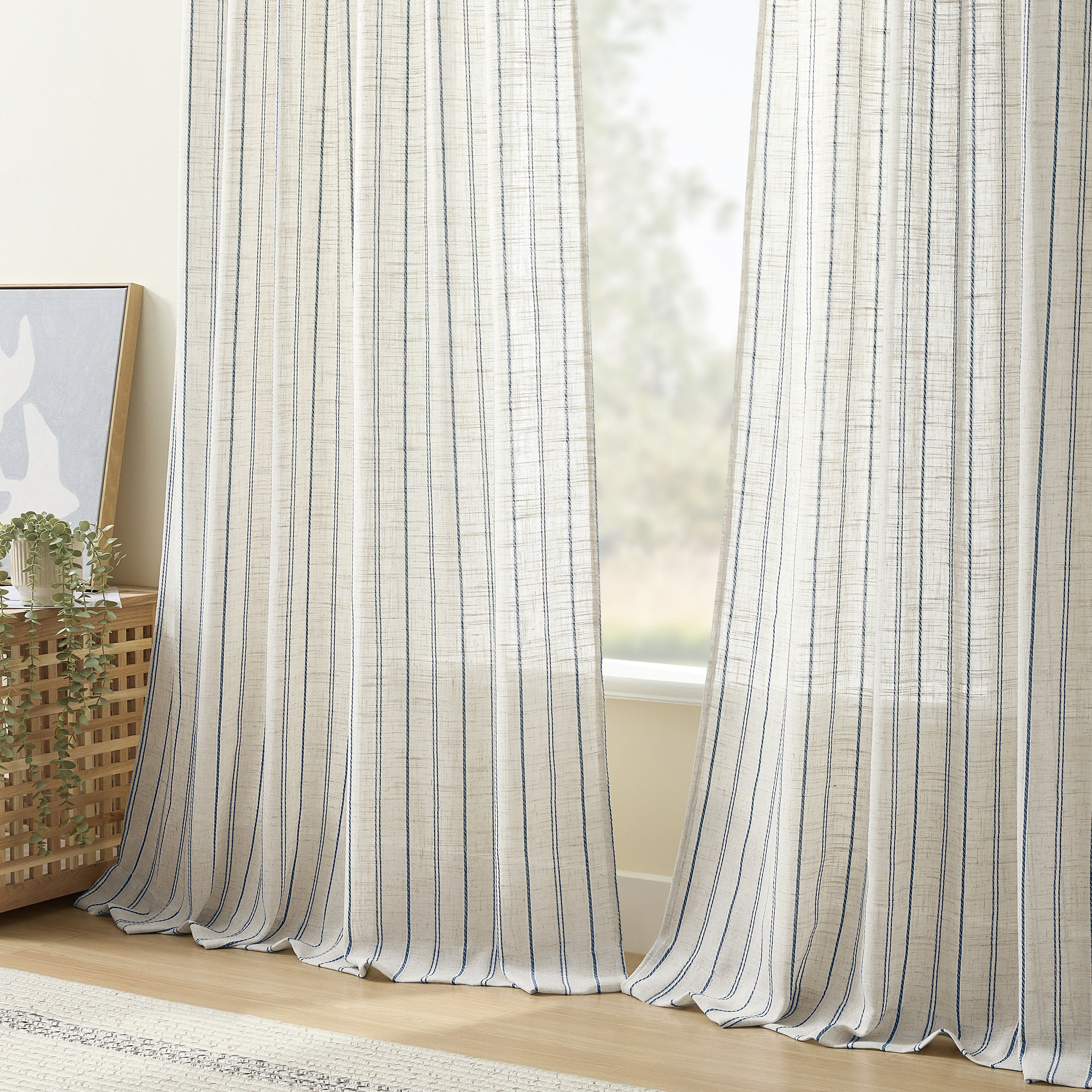 Muuphra Farmhouse Striped Linen Blend Curtains for Living Room Semi sheer Back Tab Coastal Drapes for Bedroom,2 Panels,52"×84"