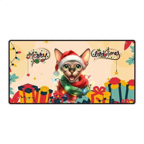 Merry Christmas Santa Sphynx Scarf Twinkling Lights Xmas Holiday Desk Mat Full Keyboard Mouse Pad Cat Lover Kitten Owner Gifts Idea Large Mousepad - 00022