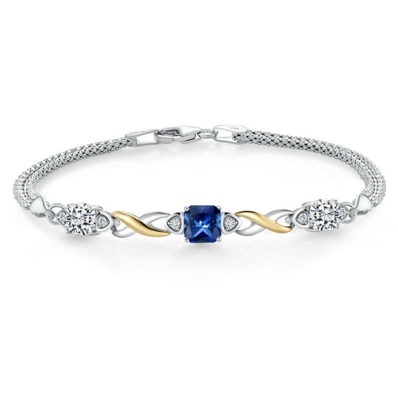 Gem Stone King 925 Silver and 10K Yellow Gold Blue Created Sapphire and Lab Grown Diamond Bracelet for Women | 2.52 Cttw | Gemstone September Birthstone | Cushion 6MM | 7 inches | Made in Italy