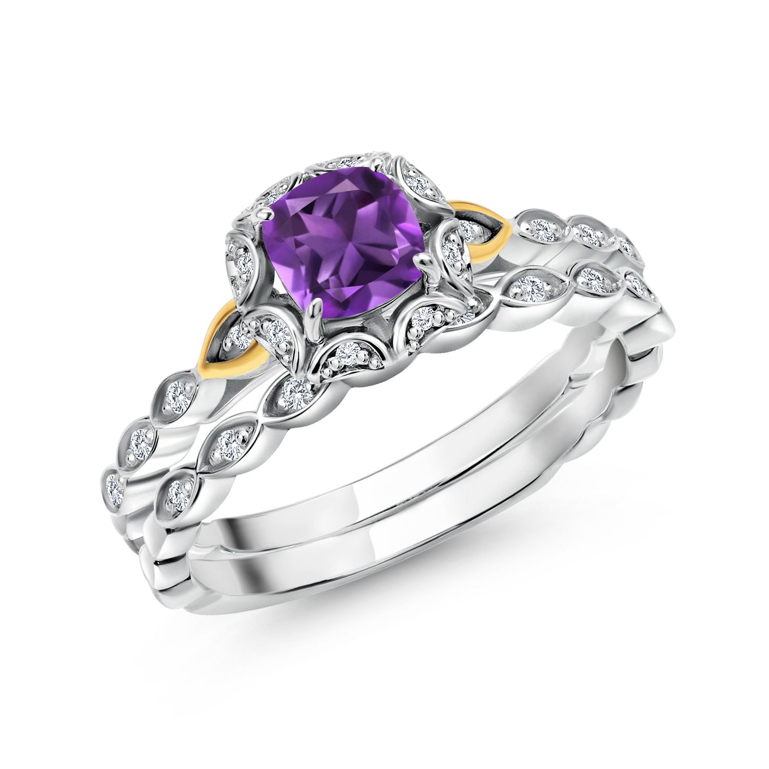 925 Sterling Silver and 10K Yellow Gold Purple Amethyst and White Lab Grown Diamond Bridal Ring Set for Women (0.67 Cttw, 5MM Cushion Cut, Gemstone Birthstone, Available in Size 5,6,7,8,9)
