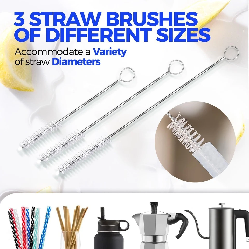 FLINT - 5 Pack Bottle Brush Cleaner Set, 14" Bamboo Handle Bottle Cleaner Brush, 3 Straw