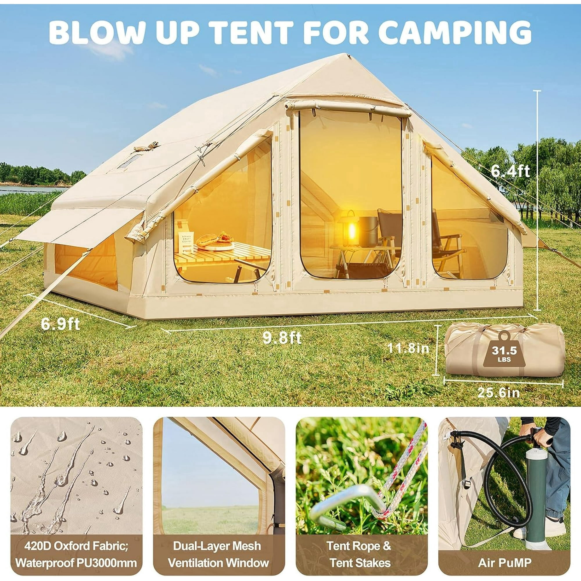 Slsy Large Inflatable Camping Tent, Blow Up Tent with Room, Easy Setup 6-8 Person Inflatable SUV Tent Waterproof Oxford Family Tent with Extended Balcony, Mesh Windows, Stove Jack, Pump
