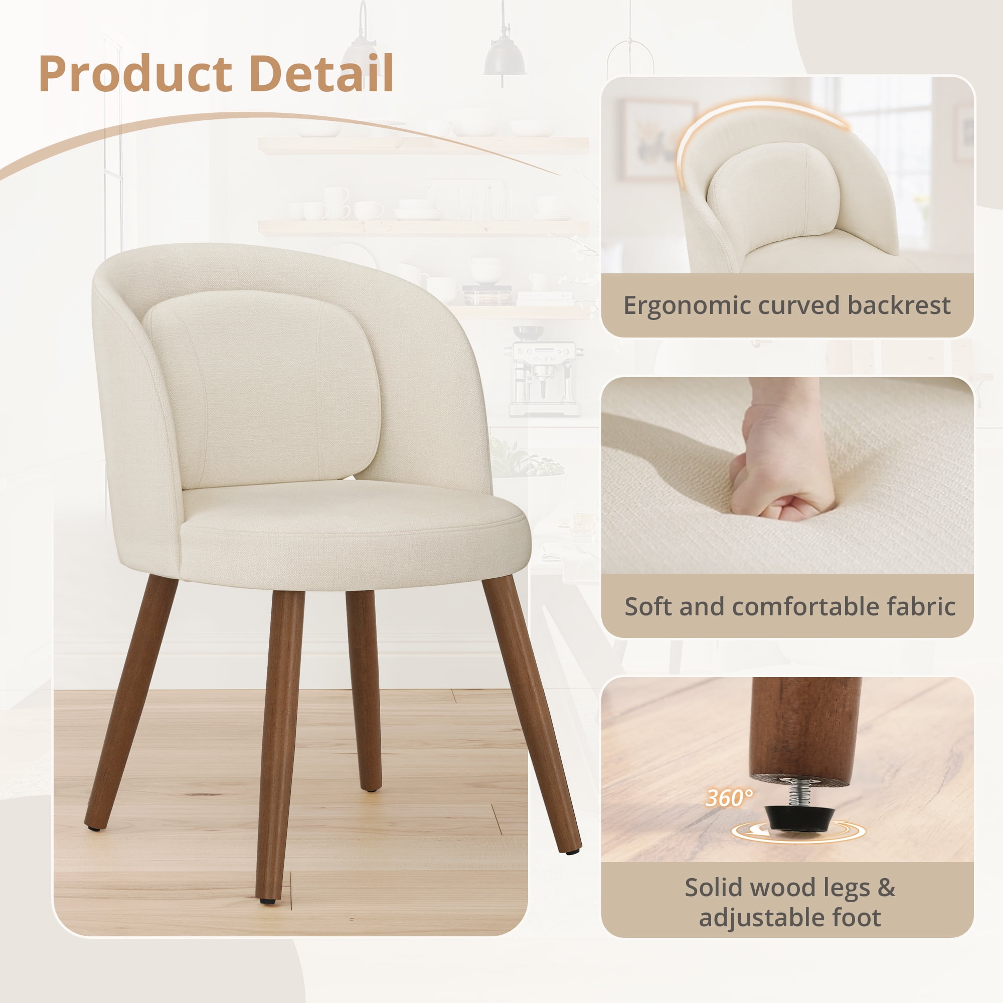 Dycanpo Upholstered Dining Chairs Set of 2, Wooden Dining Side Chairs with Curved Backrest & Individual Back Cushion, Linen-Fabric