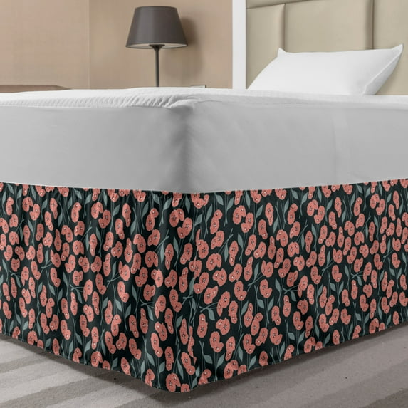 Floral Bed Skirt, Romantic Flowers Nature Ornaments Leaves Illustration, Elastic Bedskirt Dust Ruffle Wrap Around for Bedding Decor, 4 Sizes, Coral Dark Green, by Ambesonne