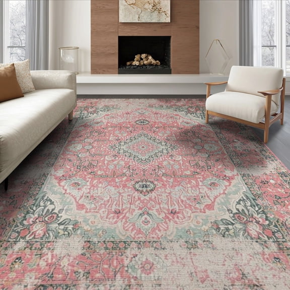 ODIKA 8'x10' Washable Area Rug Durable, Non-Slip Quicksand Vintage Scroll Border Distressed Ornate Print Pink for Living Room, Under Sectional, Family