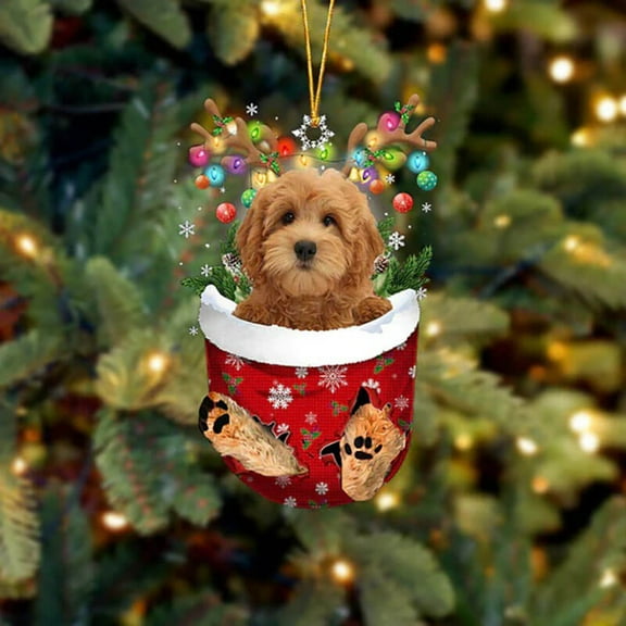 Acrylic 2D FLAT Goldendoodle In Snow Pocket Christmas Ornament