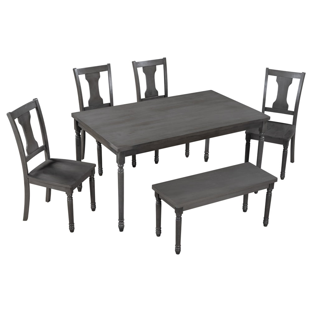 Lowestbest Classic Dining Set, Wooden Table and 4 Chairs with Bench for Kitchen, Dining Room, Gray (Set of 6) Lowestbest Classic Dining Set, Wooden Table and 4 Chairs with Bench for Kitchen, Dining Room, Gray (Set of 6)