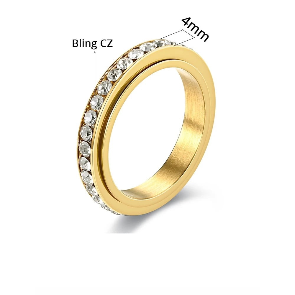 Iced Out Bling CZ Cubic Zirconia Rings 14K Yellow Gold Anxiety Fidget Spinner Rings for Women Men Anti Stress Jewelry