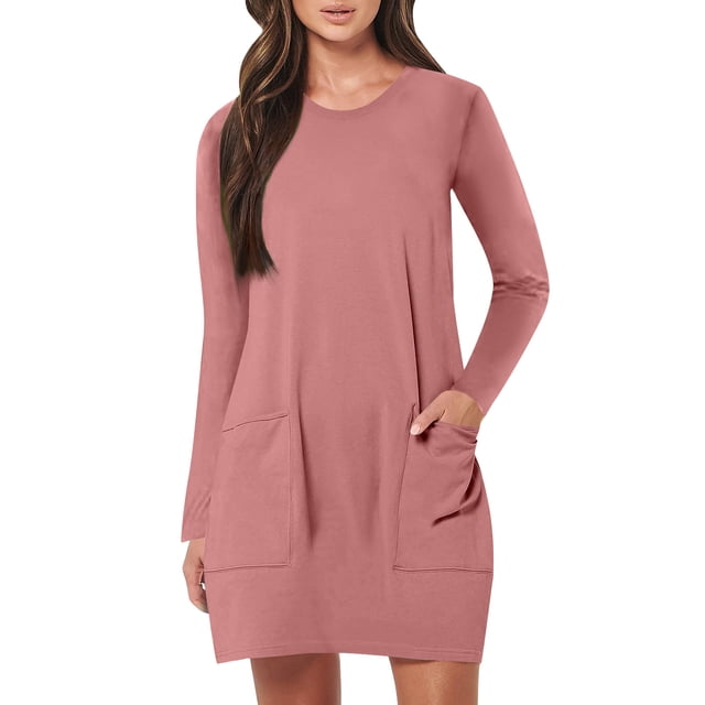 Robe Grande Taille pour Femmes 2025 Automne Été Tendance Décontractée Ample à Manches Longues à Col Rond Longueur Genou avec Poches