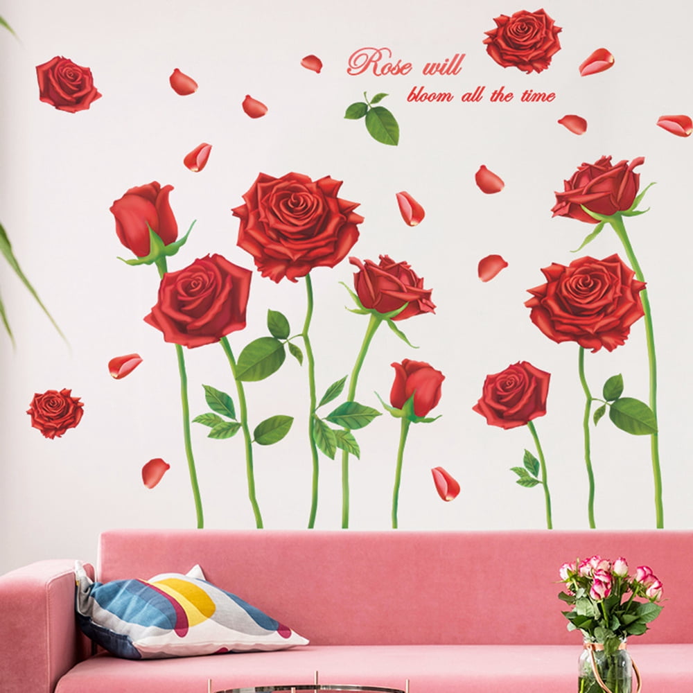 Jlong Red Rose Flowers Wall Decals Removable DIY Flower Vines Art ...