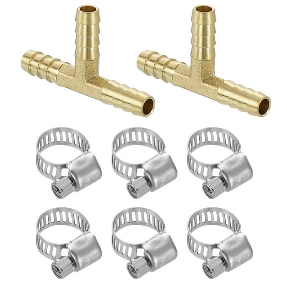 Uxcell 2pack Brass Tee Barb Fittings, 3-Ways Tee 1/4" x 1/4" x 1/4" Barbed, with 6pack Hose Clamps