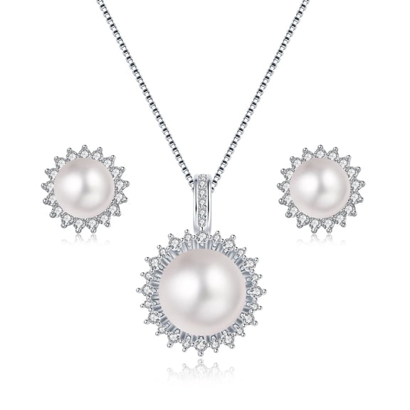 YAMI10-11mm White Pearl Necklace and Earring Set, Sunflower Design, 925 Sterling Silver Cultured Pearl Valentine's Day Jewelry Gift for Women