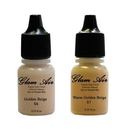 Set of Two (2) Glam Air Airbrush Foundation Makeup S6 Warm Golden Beige & S7 Summer Tan in Satin Finish 0.25oz Bottles(normal to Dry