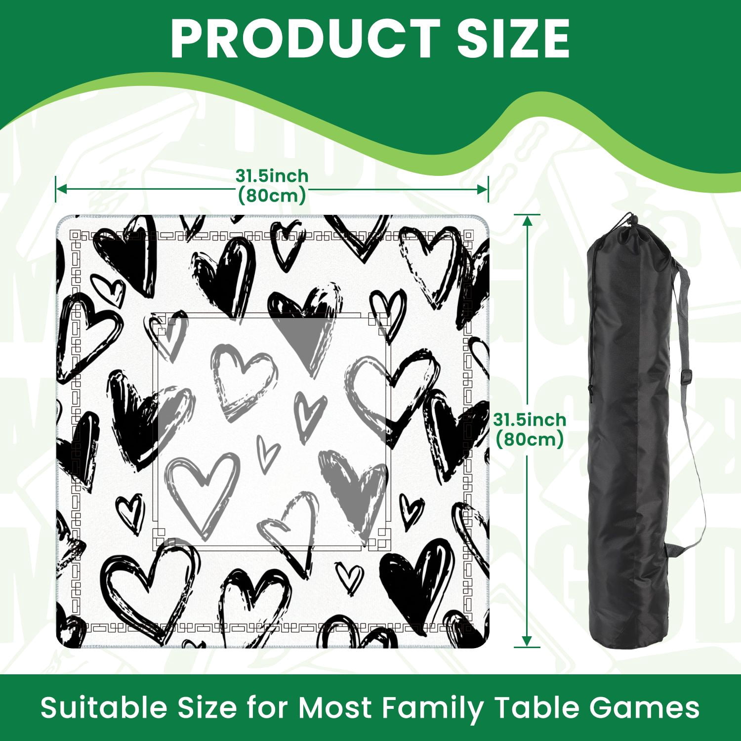 Mahjong Mat 31.5" x 31.5" Abstract seamless heart Ink Black white Non-Slip Noise Reduction American Mahjong Tiles Table Cover for Dominoes Poker Card Board Games Gift