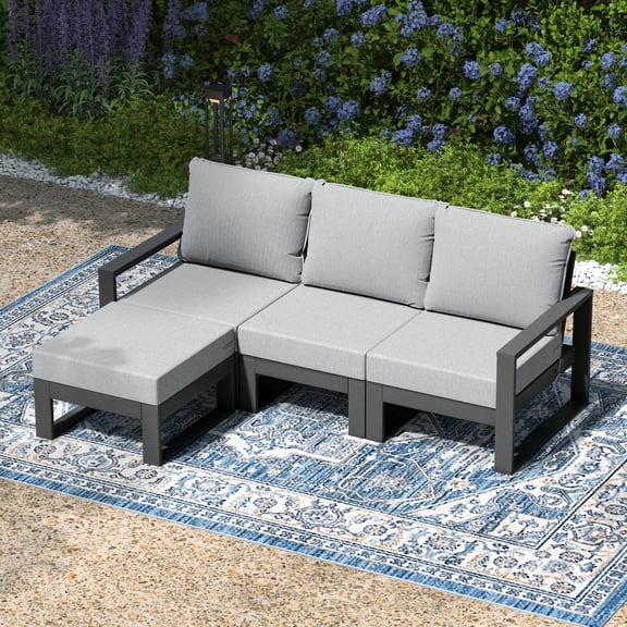 WestinTrends Montara 4-Piece Outdoor HDPE All-Weather Modern Deep Seating Patio Sofa Sectional Set with Waterproof Cushions, Light Gray