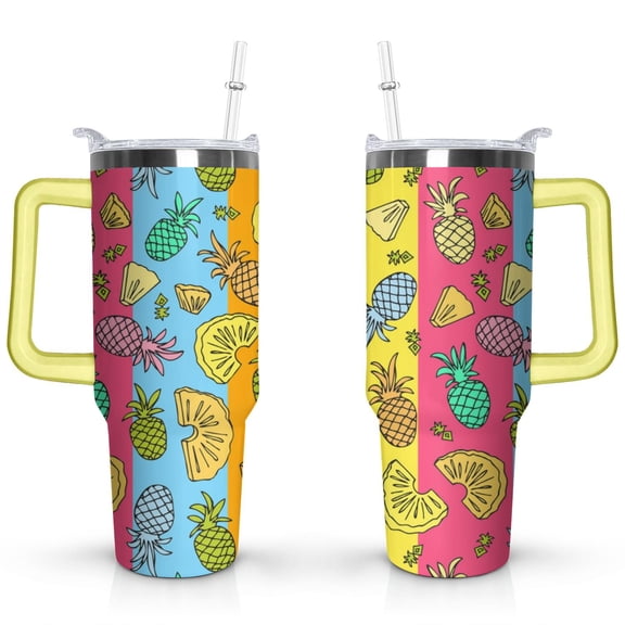 40oz Tropical Pineapple Pattern Stainless Steel Flip Straw Tumbler Spill Proof Travel Cup Double Wall Vacuum Insulated Coffee Mug with Top Handle