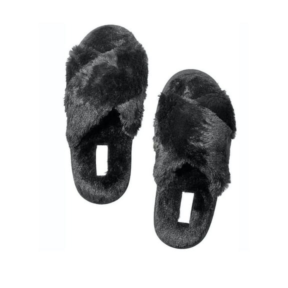Victoria's Secret Pink Soft Plush Faux Fur Crisscross Slippers Black Small (5/6) New