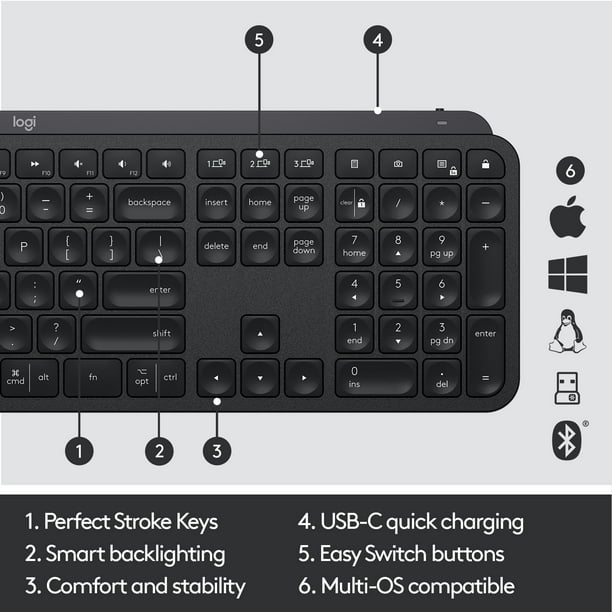 Logitech MX Keys Advanced Illuminated Keyboard, Tactile Responsive Typing, Backlighting, Bluetooth, USB-C, macOS, Microsoft Windows, Linux, iOS, Android, Metal Build, Black - Walmart.com