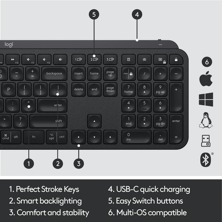 Logitech MX Keys Advanced Clavier sans Fil Rétroéclairé, Bluetooth, Saisie  Tactile Réactive, Rétroéclairage, USB-C, PC/Mac/Portable
