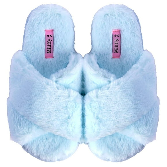 Millffy Women's Cross band slipper fuzzy fluffy slippers summer slip on house slippers (Women US 5-6, Cross Blue)