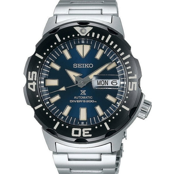 seiko men's prospex automatic diver silvertone watch with blue bezel