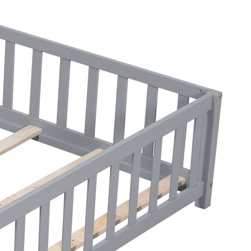 Mirightone Full Size Floor Bed with Guardrails and Door, Low-Profile Full Montessori Bed with Support Slats, Grey