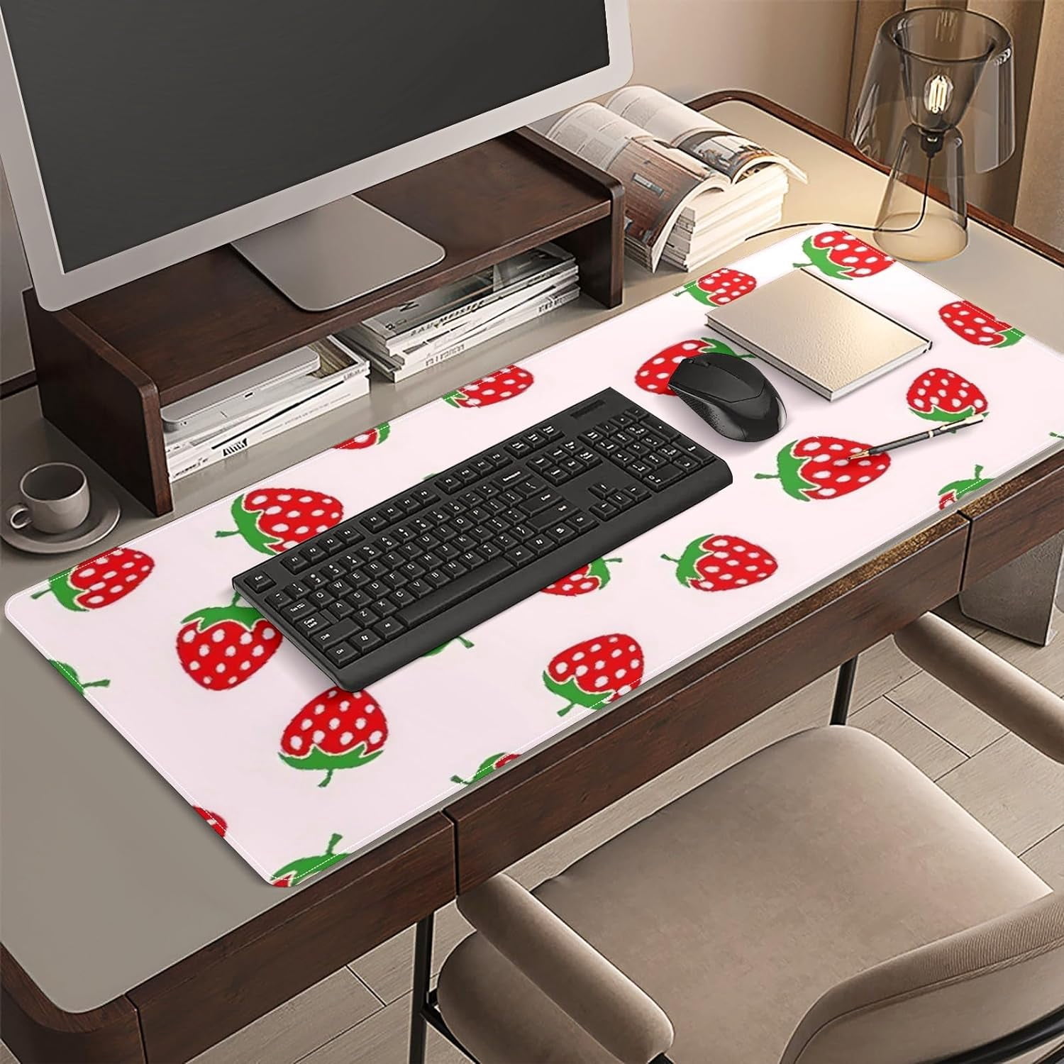 Cute Pink Strawberry Desk Mat, Desk Accessory, Cute Workspace, Trendy Workspace, Trendy, 35.4x15.7in Large Gaming Mouse Pad, Cute Desk Topper, Pretty Desk Pad