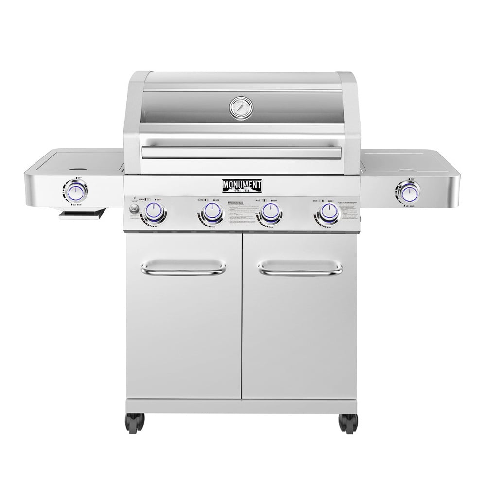 Monument Grills 4-Burner Propane Gas Grill in Stainless with Clear View Lid, LED Controls, Grill Cover, Side and Sear Burners
