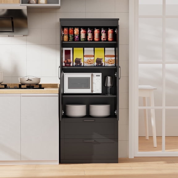 HARIPUL 71” H Kitchen Pantry Cabinet, 4-Tier Farmhouse Storage Cabinet with Barn Doors, 2 Drawers, Adjustable Shelf, Freestanding Cupboard for Kitchen, Living Room, Bathroom