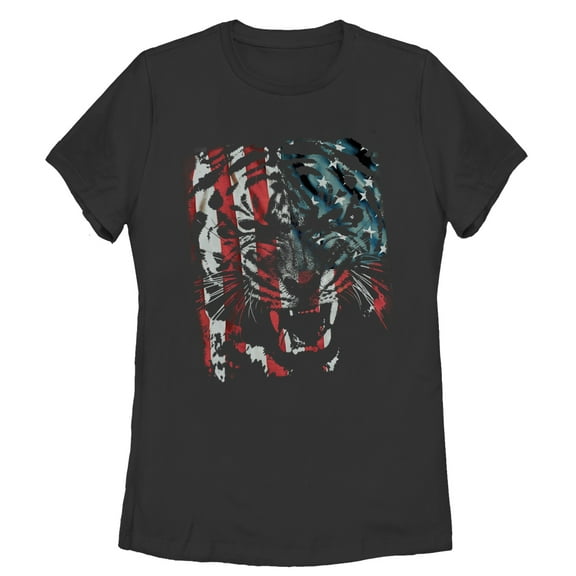 Women's Lost Gods Tiger Growl American Flag  Graphic Tee Black Medium