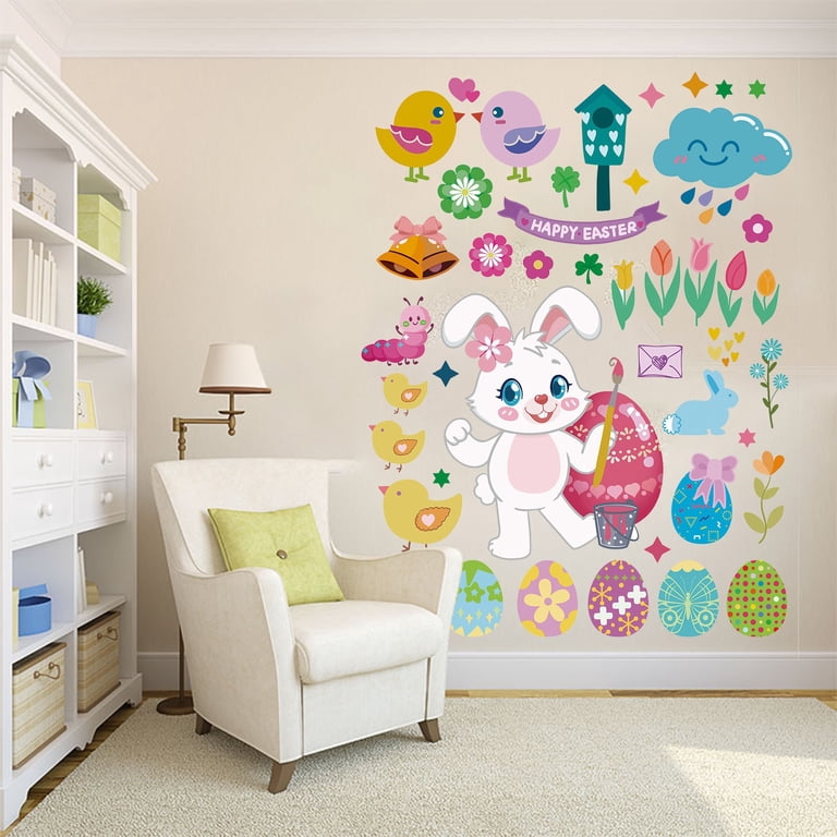 Easter Window Cling Stickers - Double-Sided Pink Bunny & Egg Decals, Removable Vinyl Decor For Glass