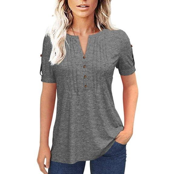 Sherrylily Women Summer Pleated Button Short Sleeve T-Shirt V-Neck Casual Tops