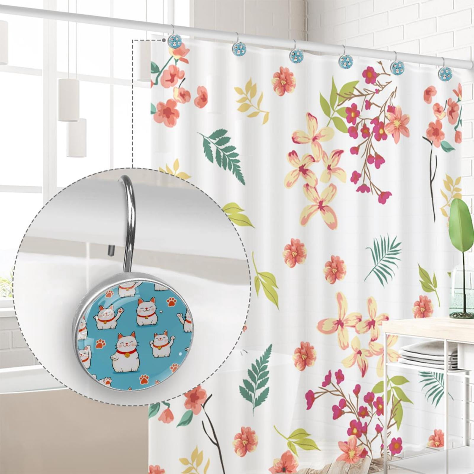 12pcs Decorative Shower Curtain Hooks, Rust Resistant Shower Rings for Bathroom Living Room,Rustproof Stainless Steel Rings for Shower Curtain and Liner Rods,Cartoon Lucky Cat Pattern
