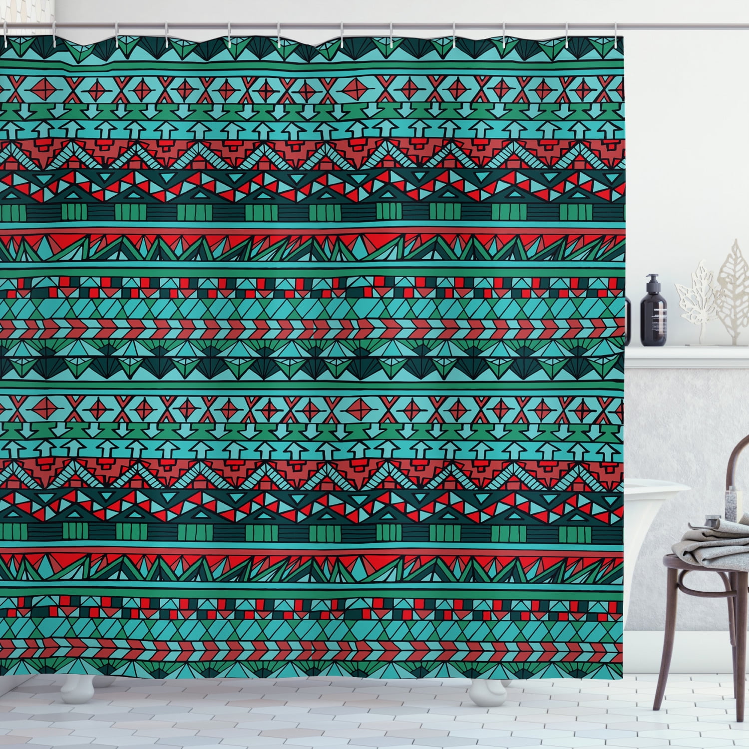 Tribal Shower Curtain, Hand Drawn Ethnic Aztec Design Geometric Pattern with Sharp Shapes and