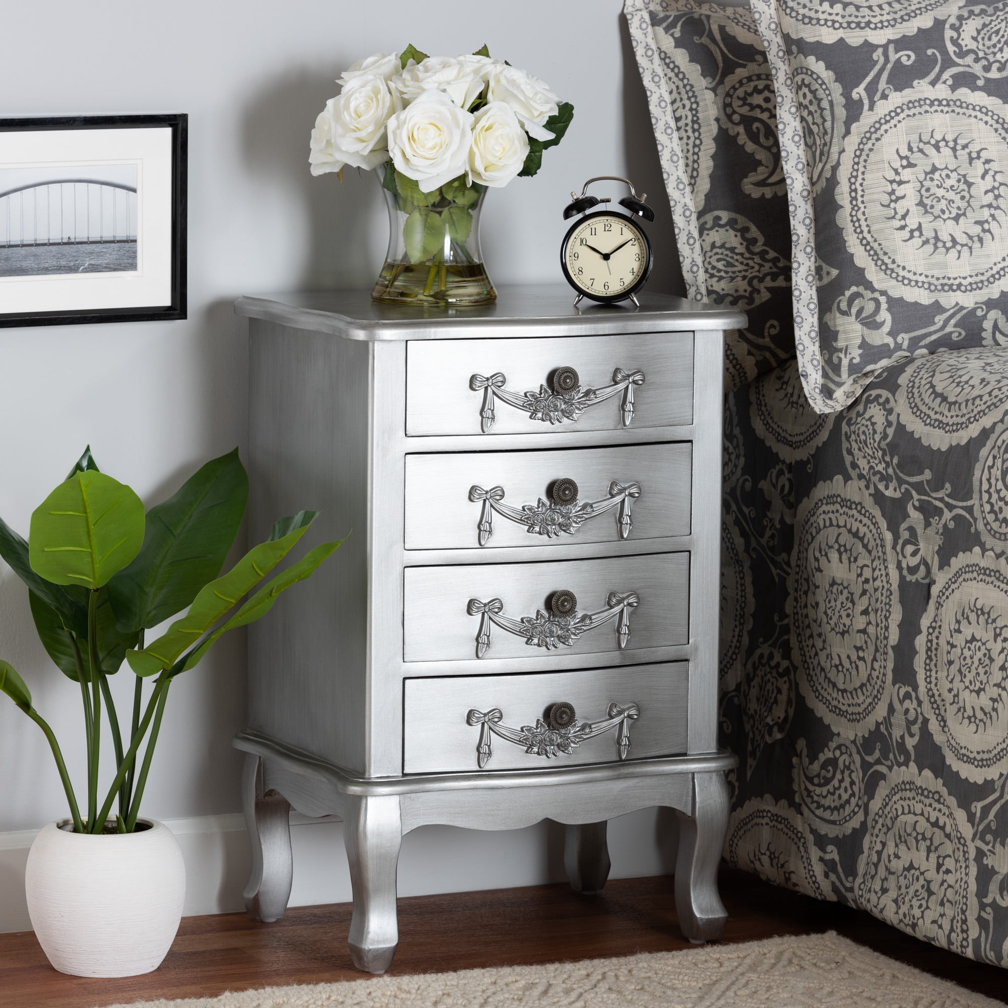 Baxton Studio Callen Classic and Traditional Brushed Silver Finished Wood 4-Drawer End Table