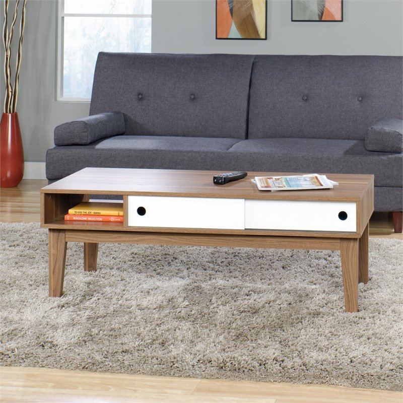 Sauder Soft Modern Coffee Table, Walnut Finish with White Accent