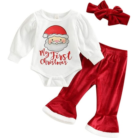 

PIKADINGNIS My First Christmas Outfits Baby Girls Letter Print Knitted Romper Bodysuit Bell Bottom Pants Headband Clothes Set