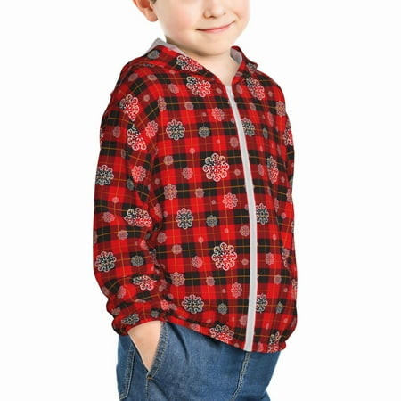 

Uemuo Snowflakes On A Buffalo Plaid Pattern Rash Guard for Boys Girls Long Sleeve Swim Shirts UPF 50+ UV Sun Protection Hooded Fishing Shirt with Pocket for Kid-2 Years