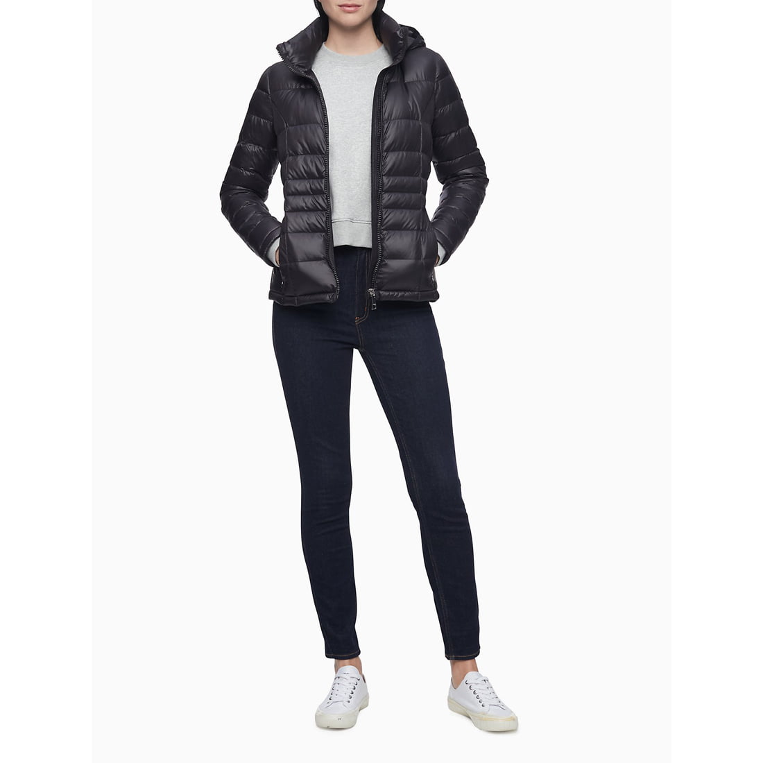 Calvin Klein Women's Short Packable Down Jacket with Hood Zip Front, Black,  XL 