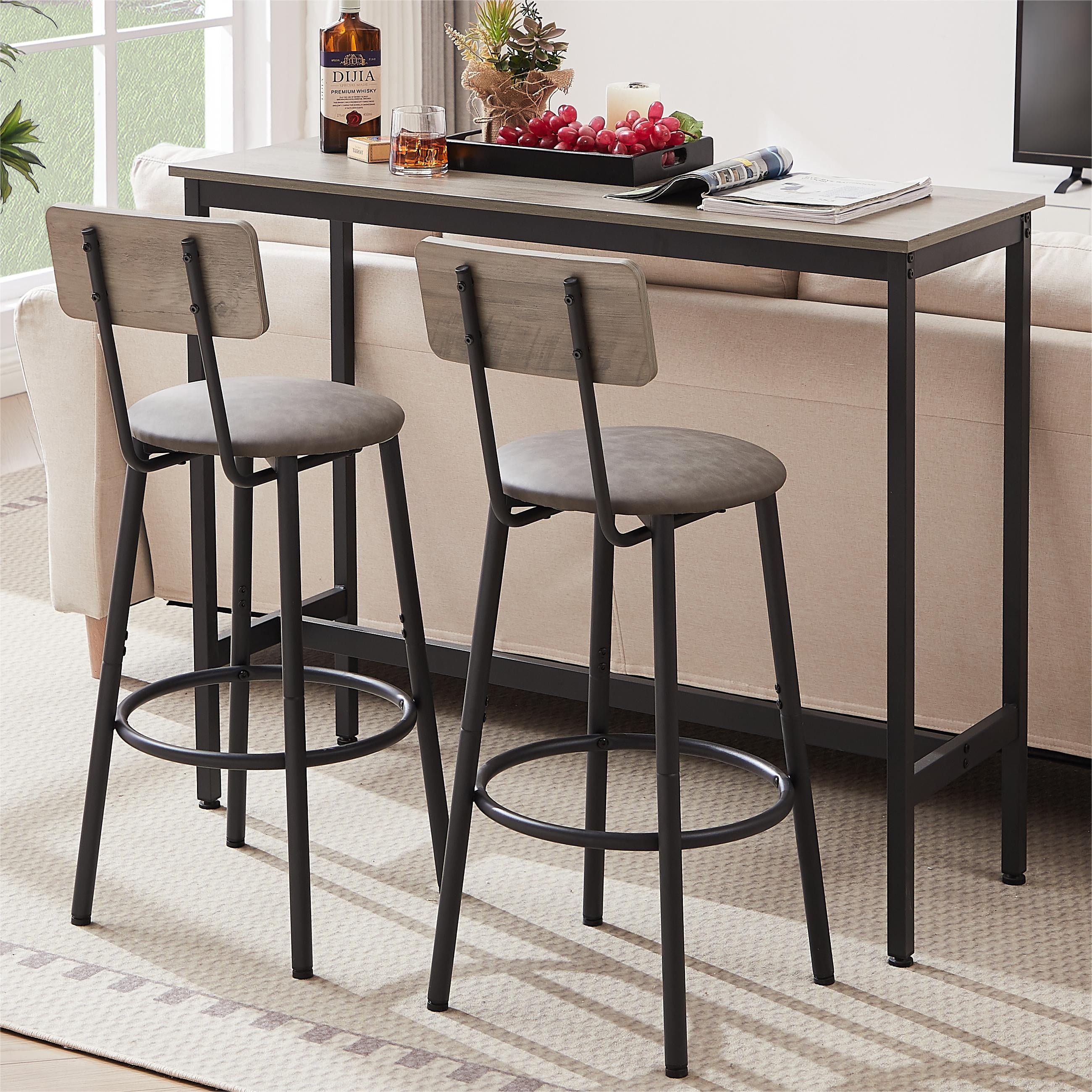 3 Pcs Bar Dining Table Set, Minimalist Style Bar Table With 2 Bar Stools PU Soft seat with Backrest Footrest for Dining Room, Kitchen,Grey,43.31"L x 15.75"W x 35.43"H